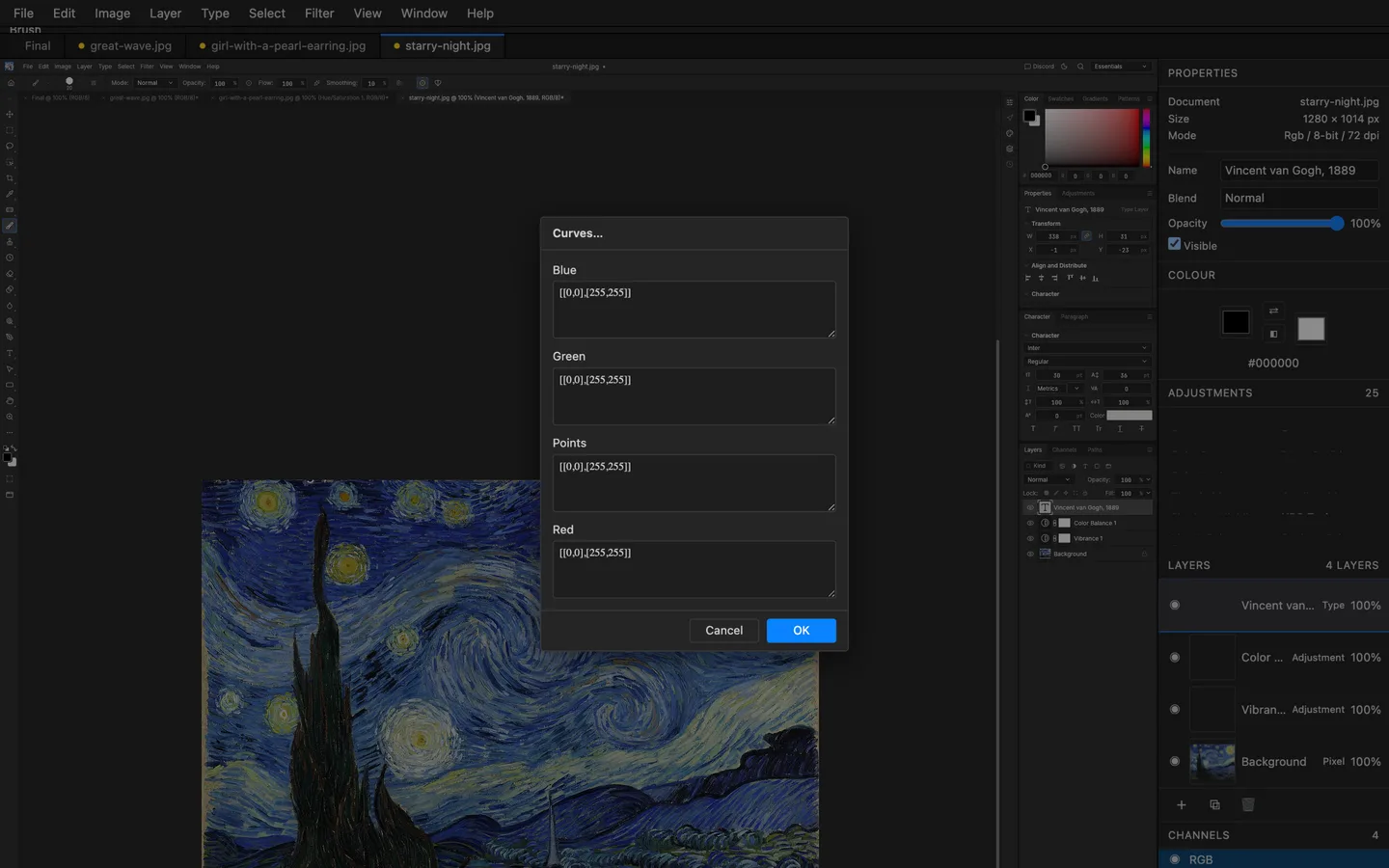 Adjustment layers, masks and type on The Starry Night